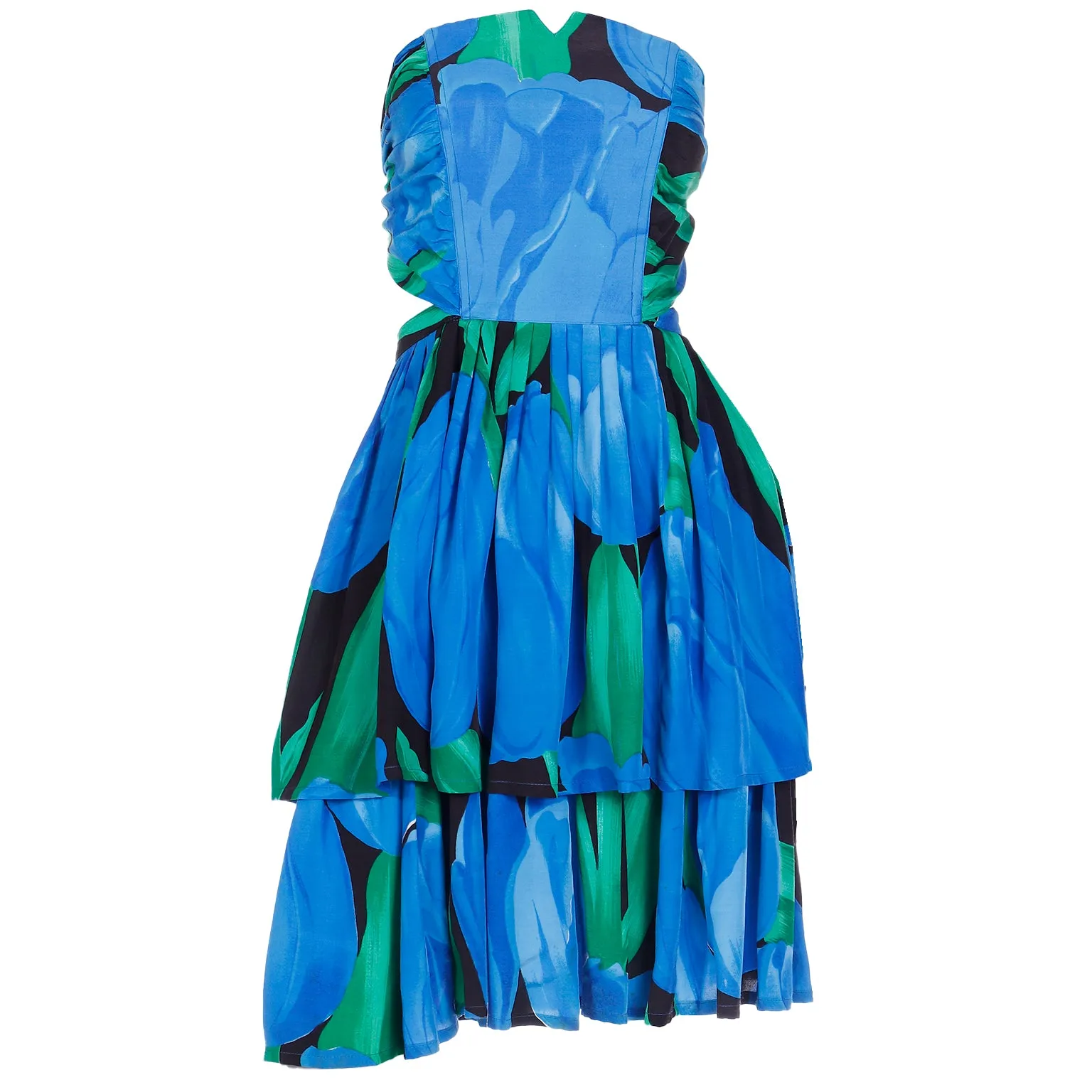 1980s Blue & Green Botanical Print Bustier Dress w Tiered Skirt