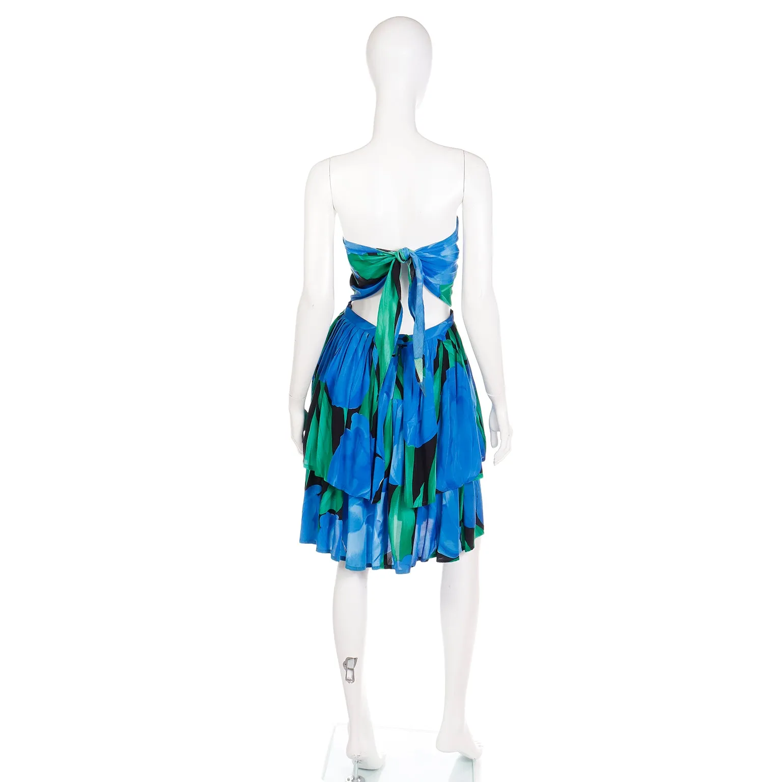 1980s Blue & Green Botanical Print Bustier Dress w Tiered Skirt