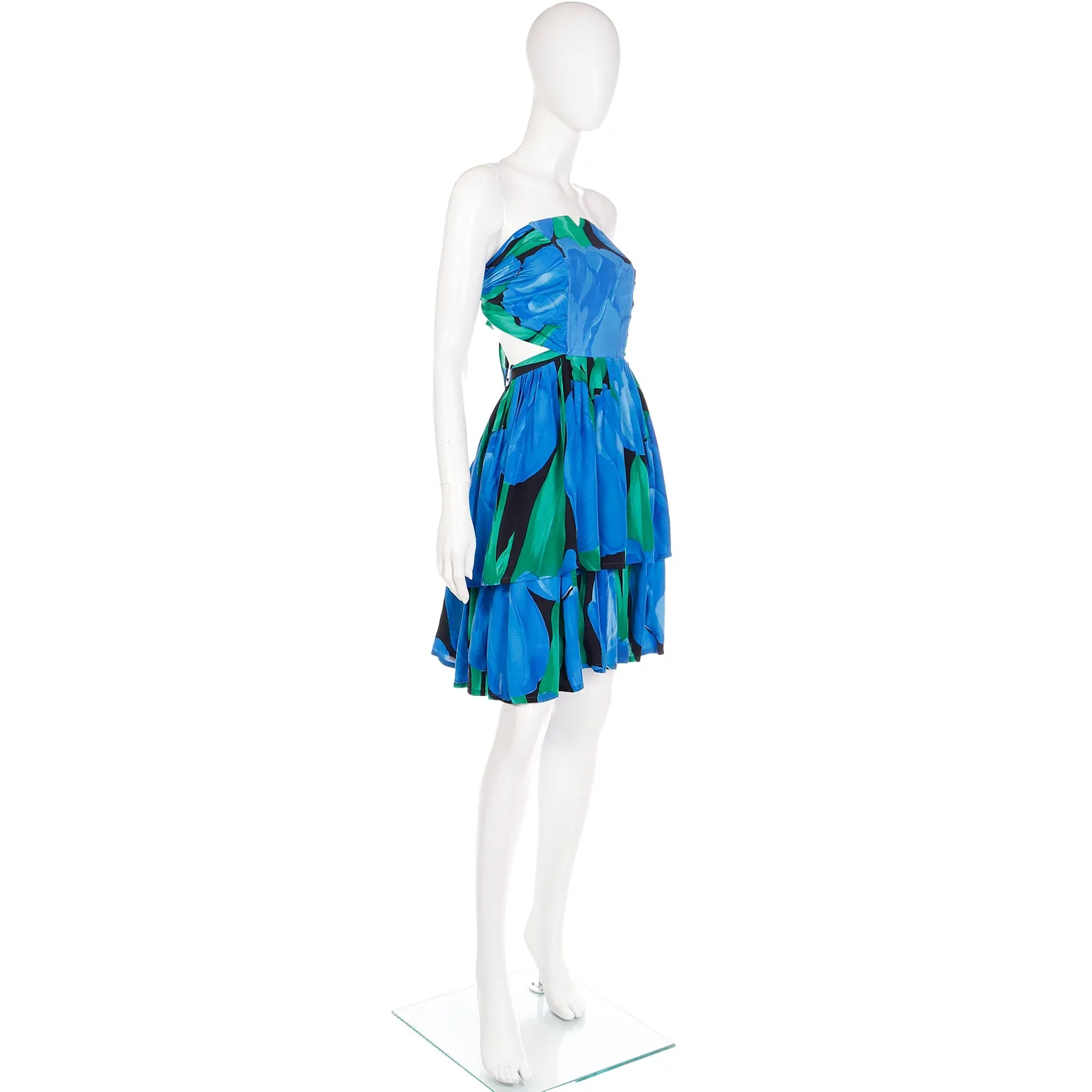 1980s Blue & Green Botanical Print Bustier Dress w Tiered Skirt