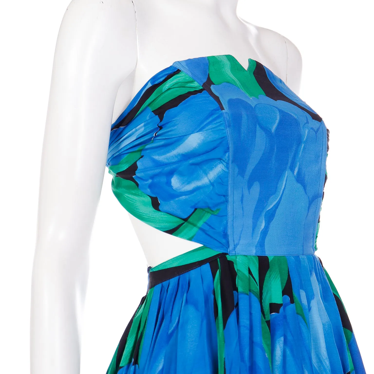 1980s Blue & Green Botanical Print Bustier Dress w Tiered Skirt