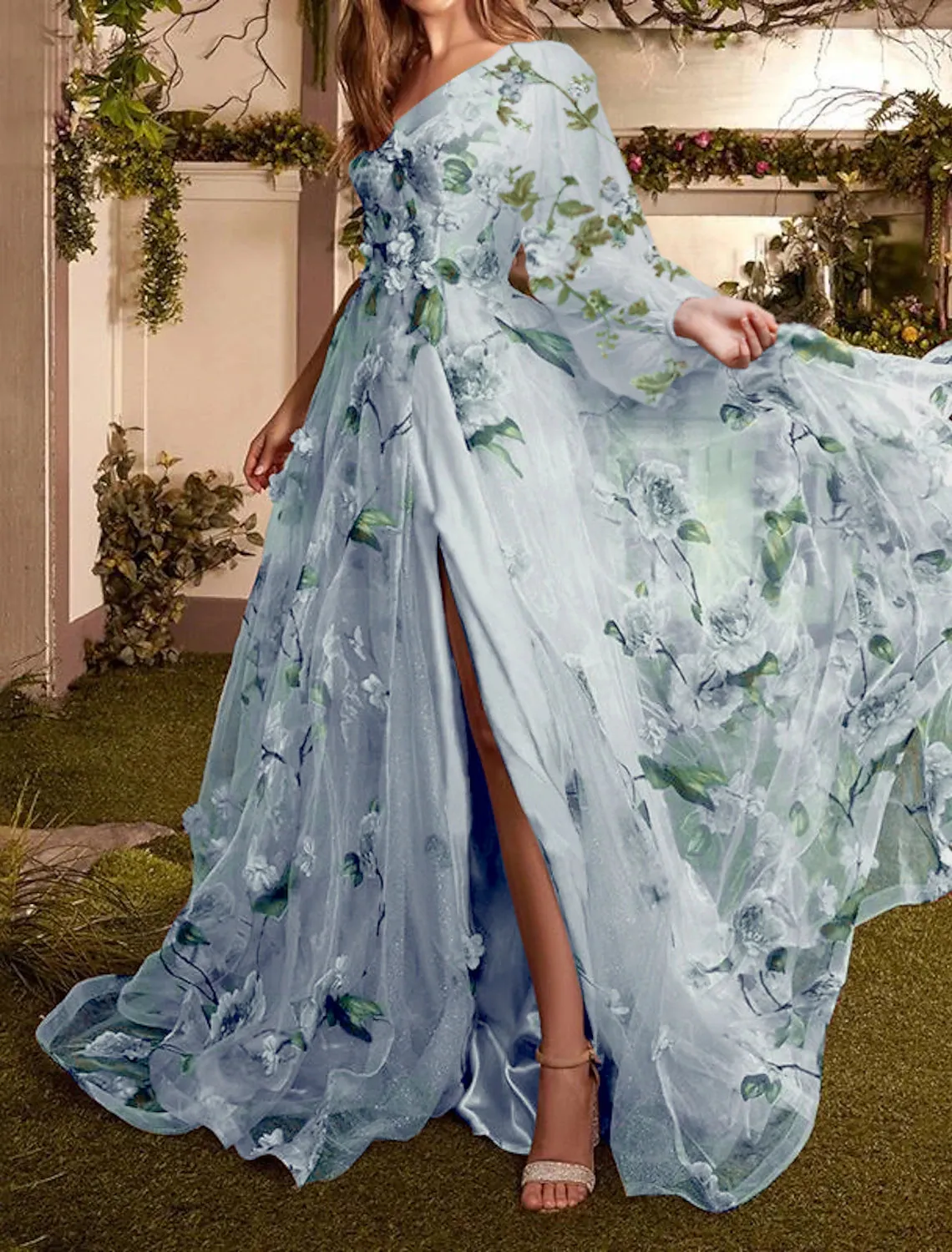 A-Line Prom Dresses Floral Dress Formal Wedding Guest Sweep / Brush Train Long Sleeve One Shoulder Lace with Floral Print