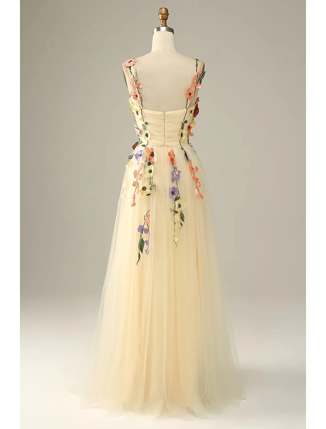 A-Line Wedding Guest Dresses Floral Dress Holiday Floor Length Sleeveless Spaghetti Strap Tulle with Appliques