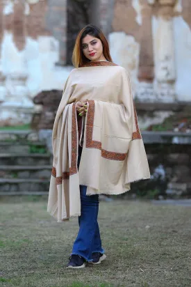 Accrue Beige Colour Semi Pashmina Sozni Shawl With Beautiful Border Owning A Unique Accessory.