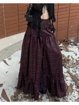 Aiertu Women's Plaid A-line Long Skirt Vintage Y2k Skirt Harajuku Korean Streetwear Fashion A-line Skirts Emo 2000s Trashy Clothes