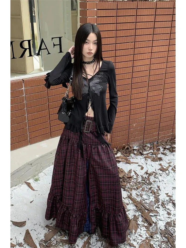 Aiertu Women's Plaid A-line Long Skirt Vintage Y2k Skirt Harajuku Korean Streetwear Fashion A-line Skirts Emo 2000s Trashy Clothes