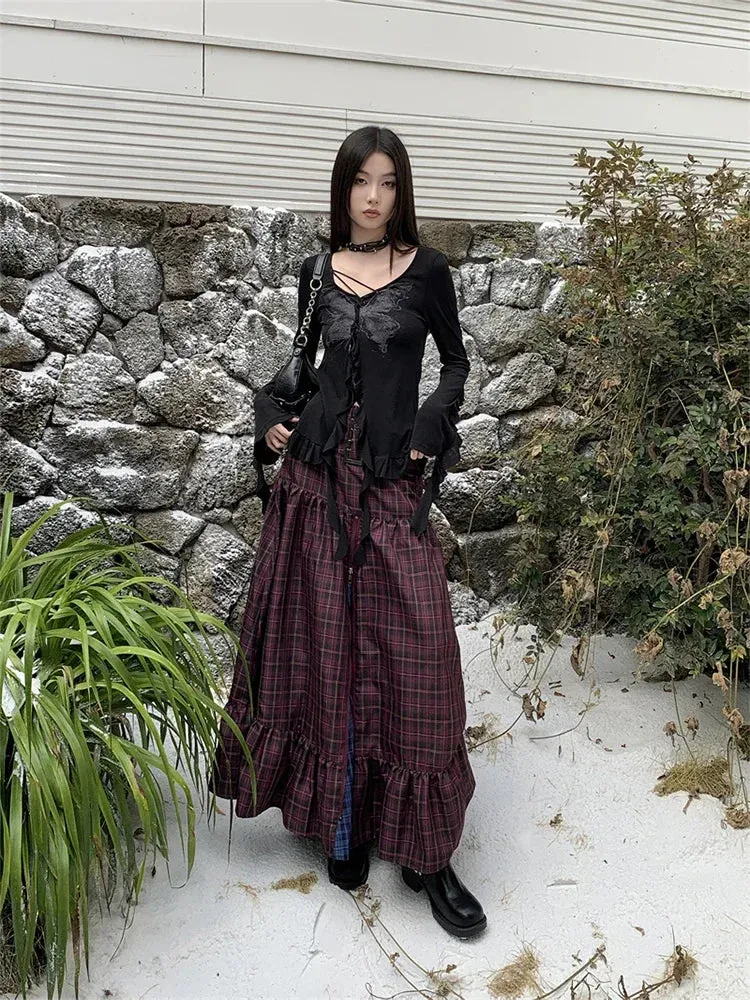 Aiertu Women's Plaid A-line Long Skirt Vintage Y2k Skirt Harajuku Korean Streetwear Fashion A-line Skirts Emo 2000s Trashy Clothes