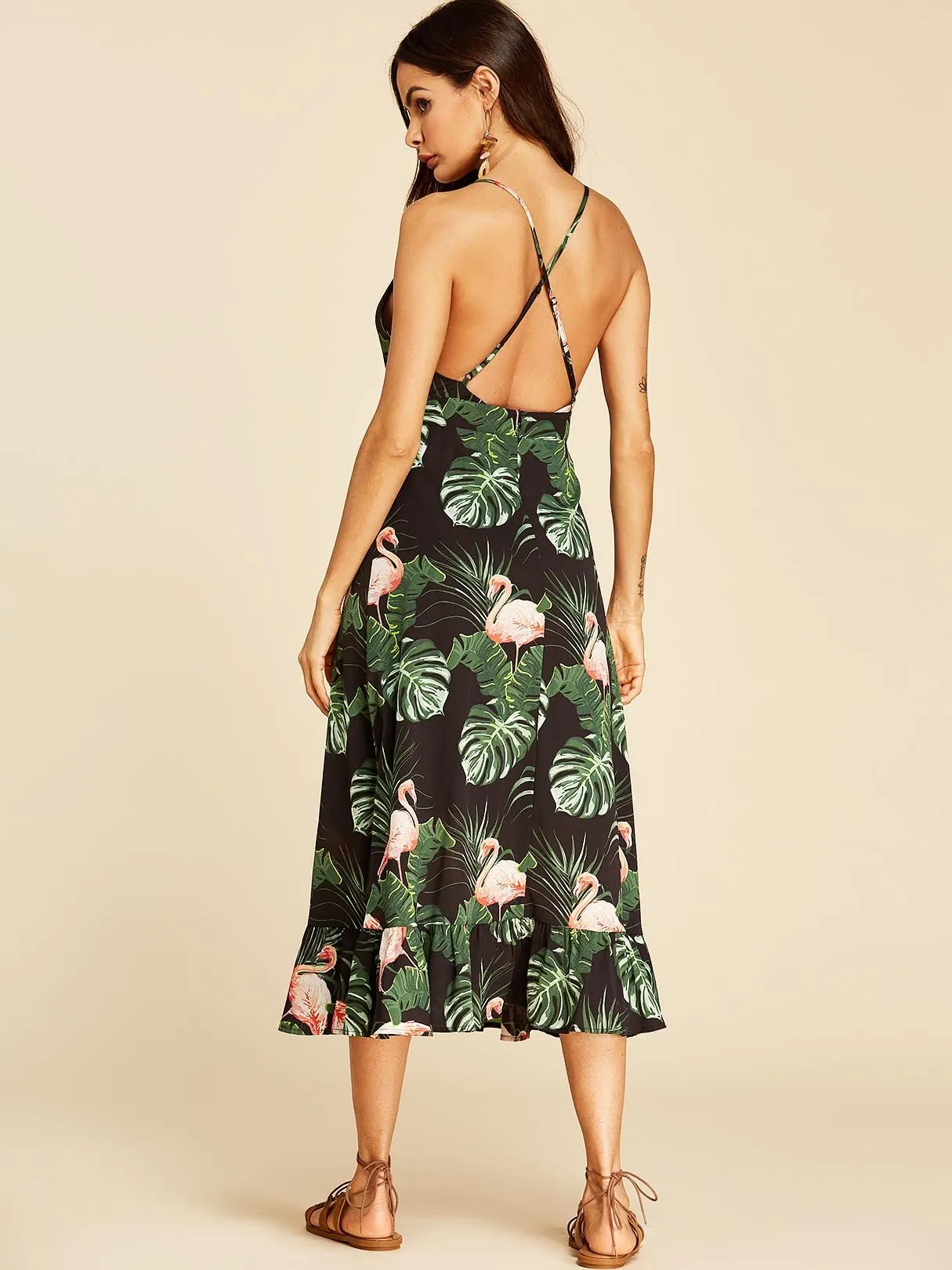 Army Green V-Neck Sleeveless Floral Print Backless Criss-Cross Flounced Hem Dresses