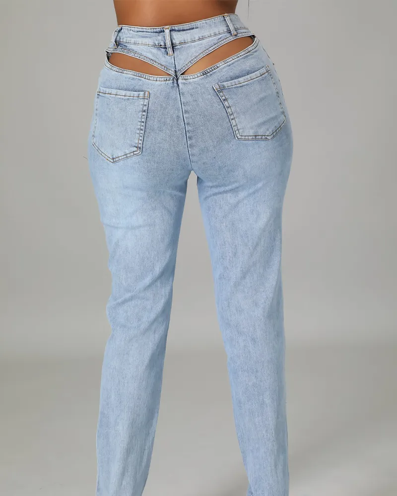 Back Waist Hollow Stretch Jeans