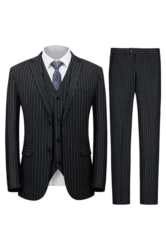 Barton Fancy Black Notched Lapel Three-Piece Business Suit