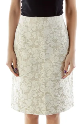 Beige Cream Flower Embroidered Pencil Skirt