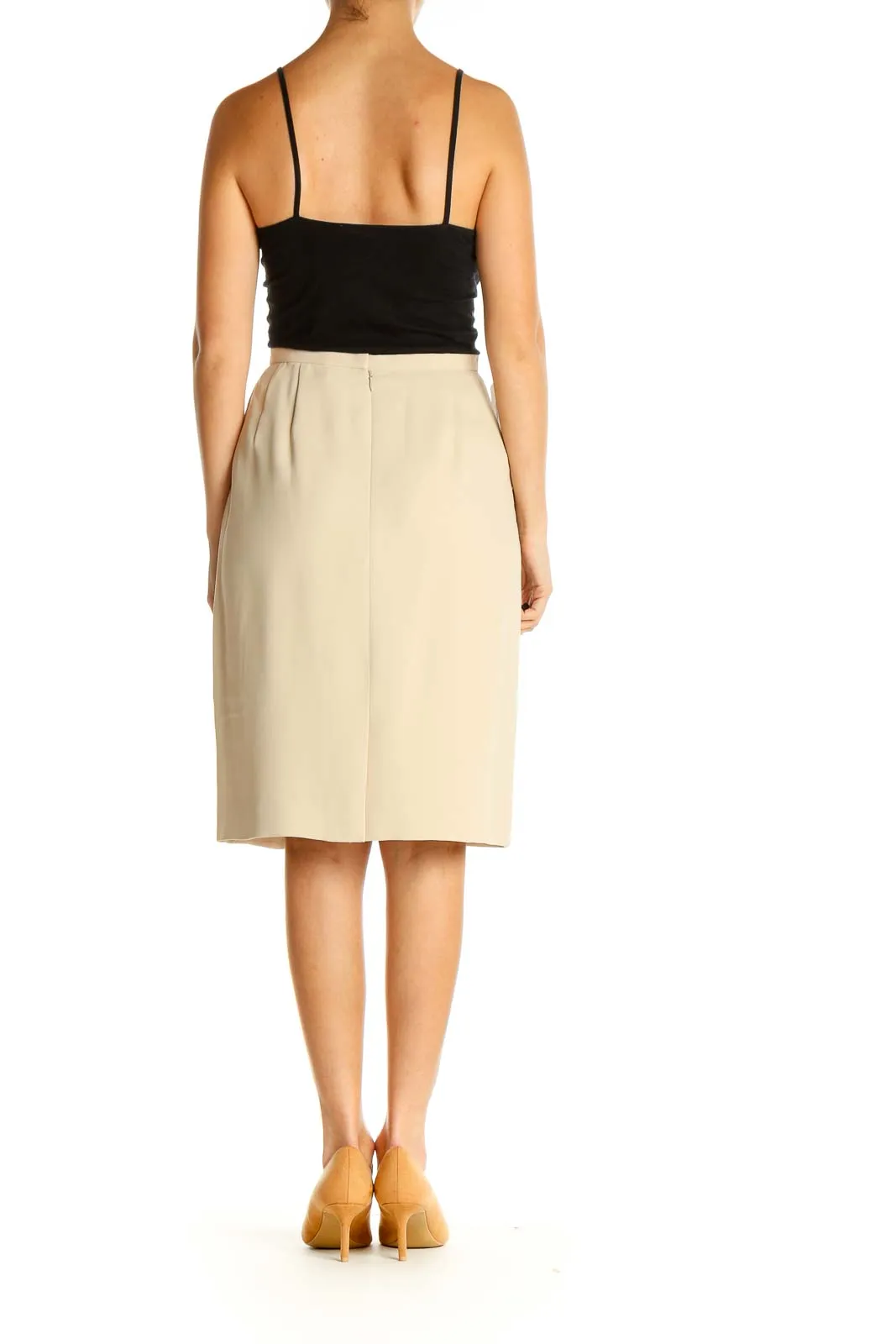 Beige Solid Classic Pencil Skirt