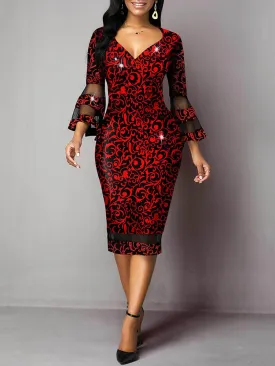 Bell Sleeve Floral Print Bodycon Midi Dresses