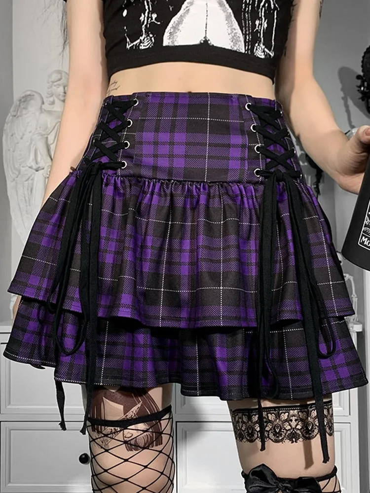 Black Checkered Women Gothic Skirt Women Pleated Plaid Skirts