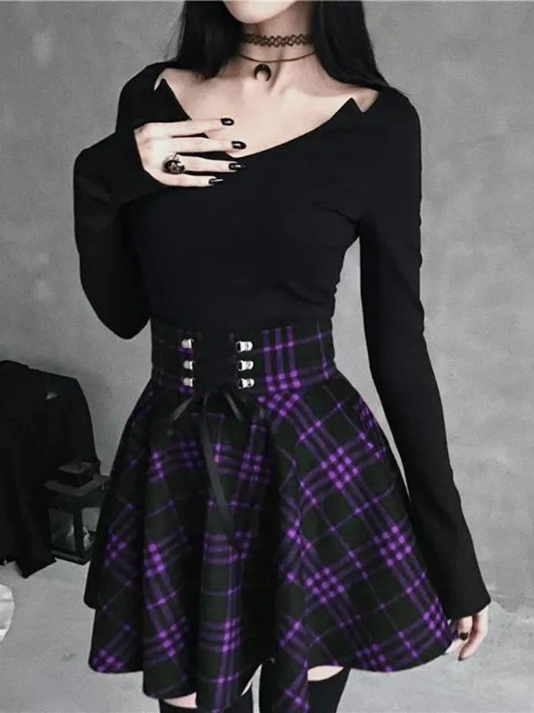 Black Checkered Women Gothic Skirt Women Pleated Plaid Skirts