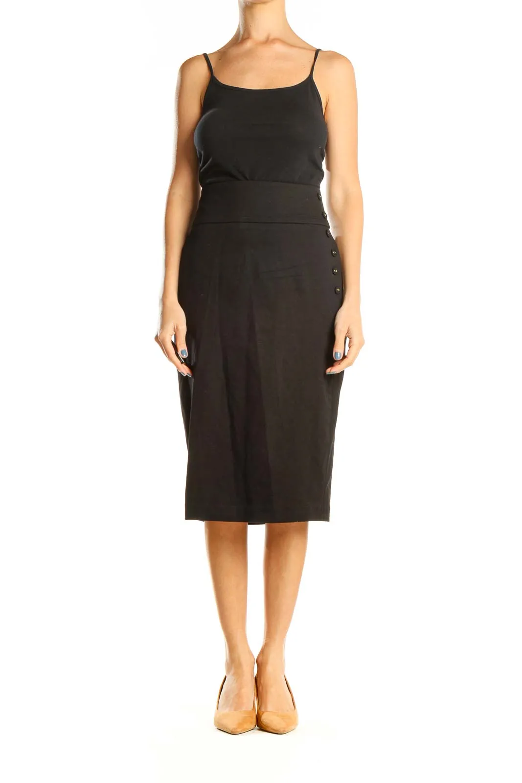 Black Classic Pencil Skirt with Button Detail