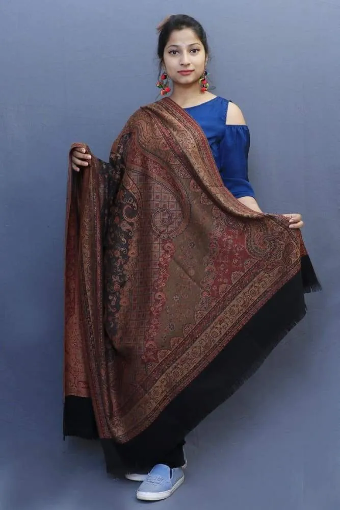 Black Colour Jamawar Shawl With Highly Defined Borders And All Over Motifs Look Elegant.