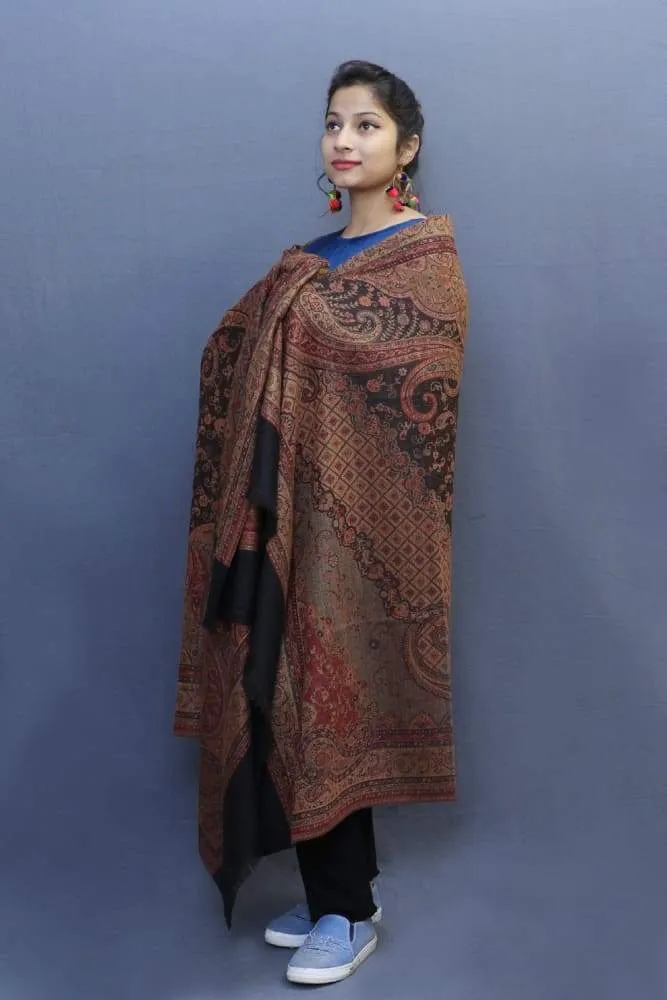 Black Colour Jamawar Shawl With Highly Defined Borders And All Over Motifs Look Elegant.