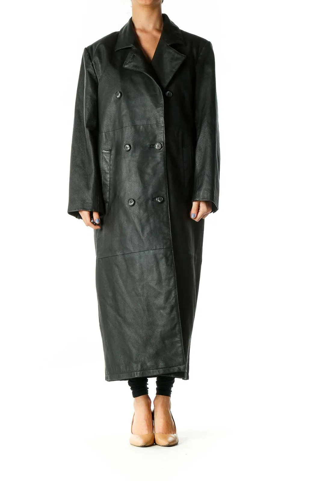 Black Double-Breasted Leather Long Coat