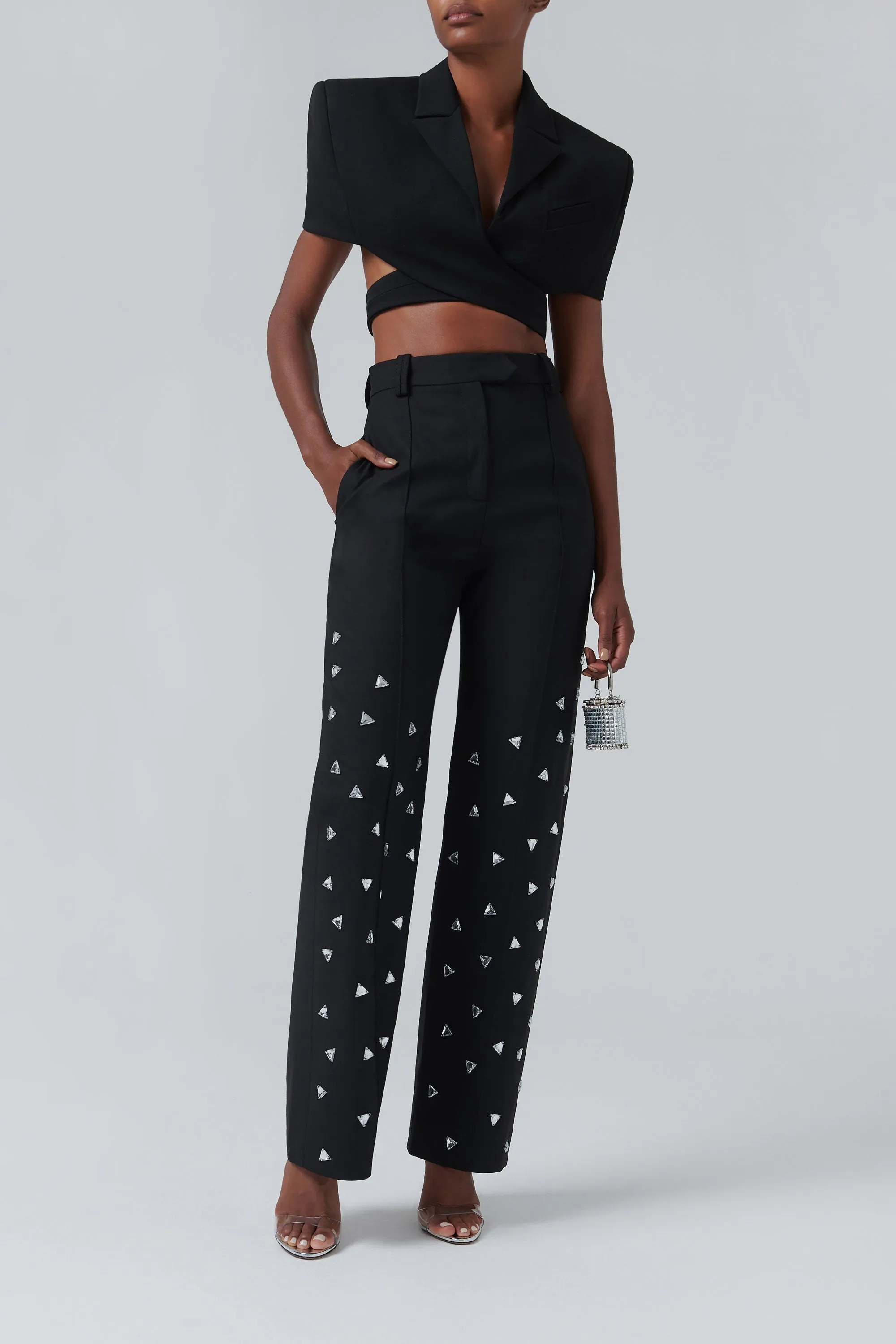 Black Embellished High-Waisted Pants