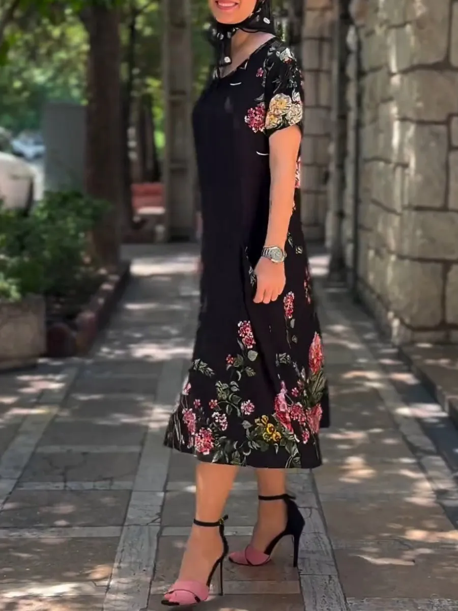 Black Floral Short Sleeve Dress