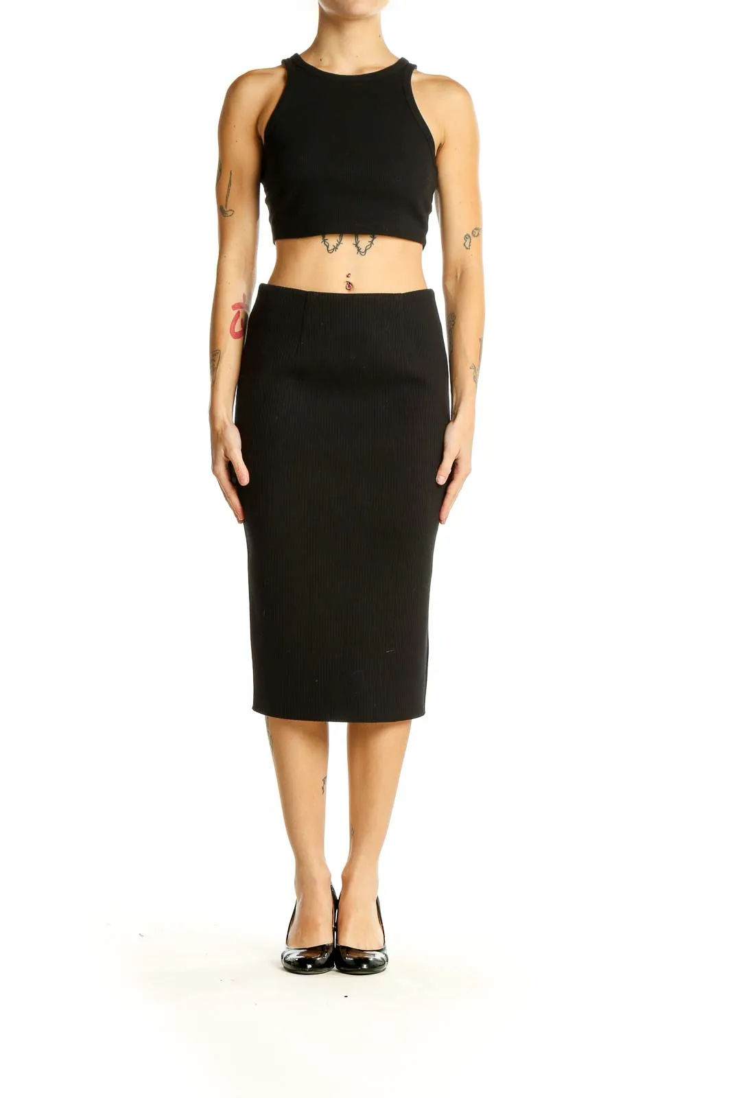 Black Ribbed Midi Pencil Skirt