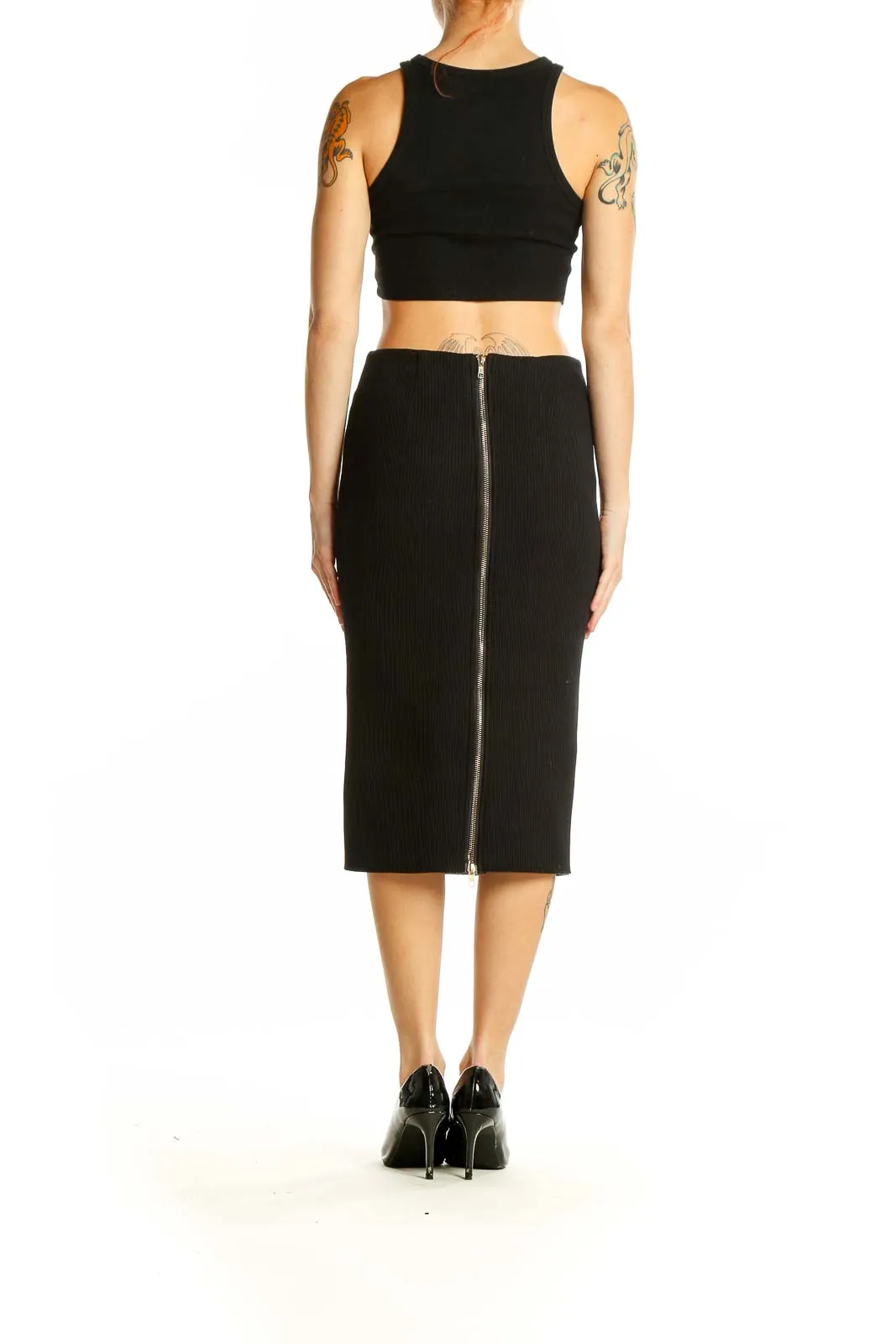 Black Ribbed Midi Pencil Skirt