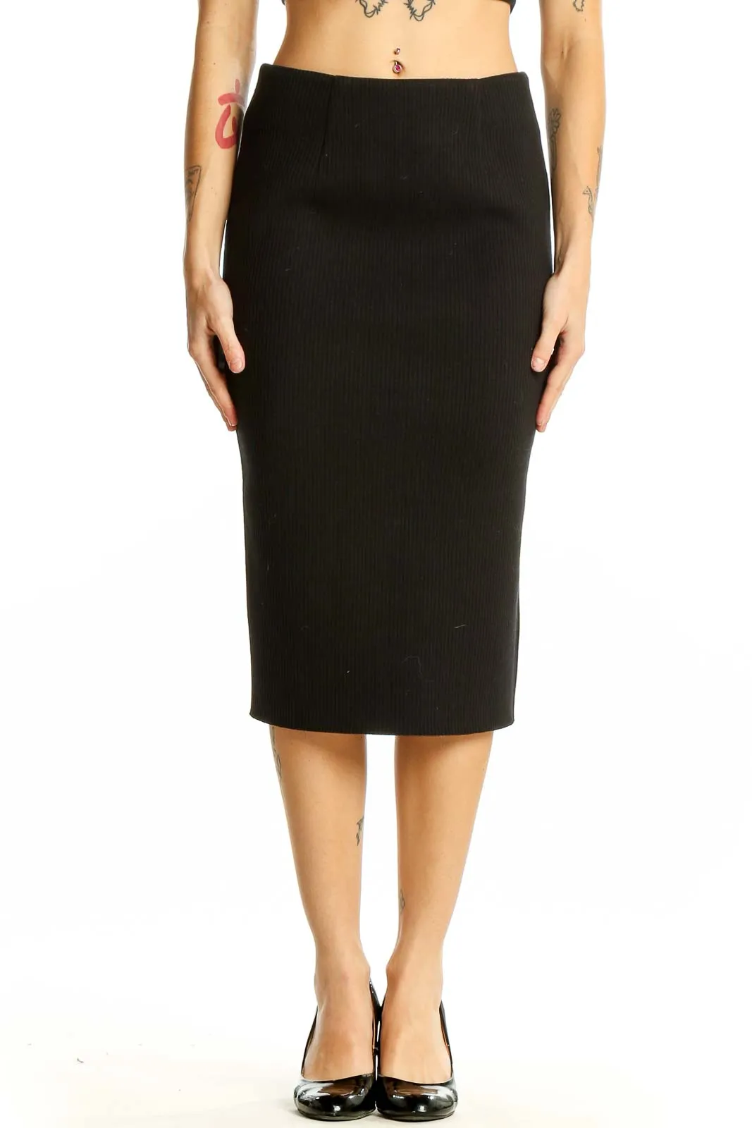 Black Ribbed Midi Pencil Skirt