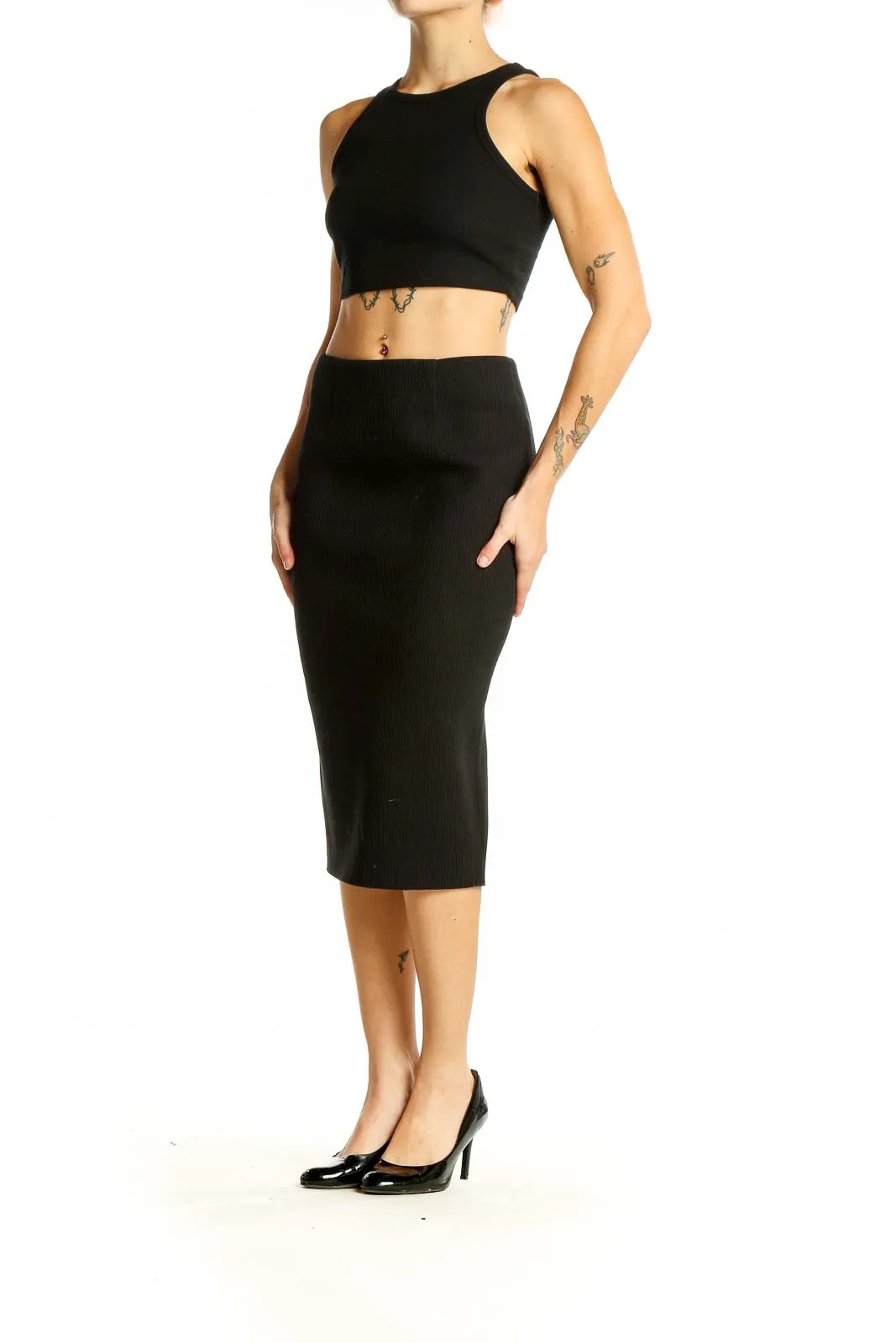 Black Ribbed Midi Pencil Skirt