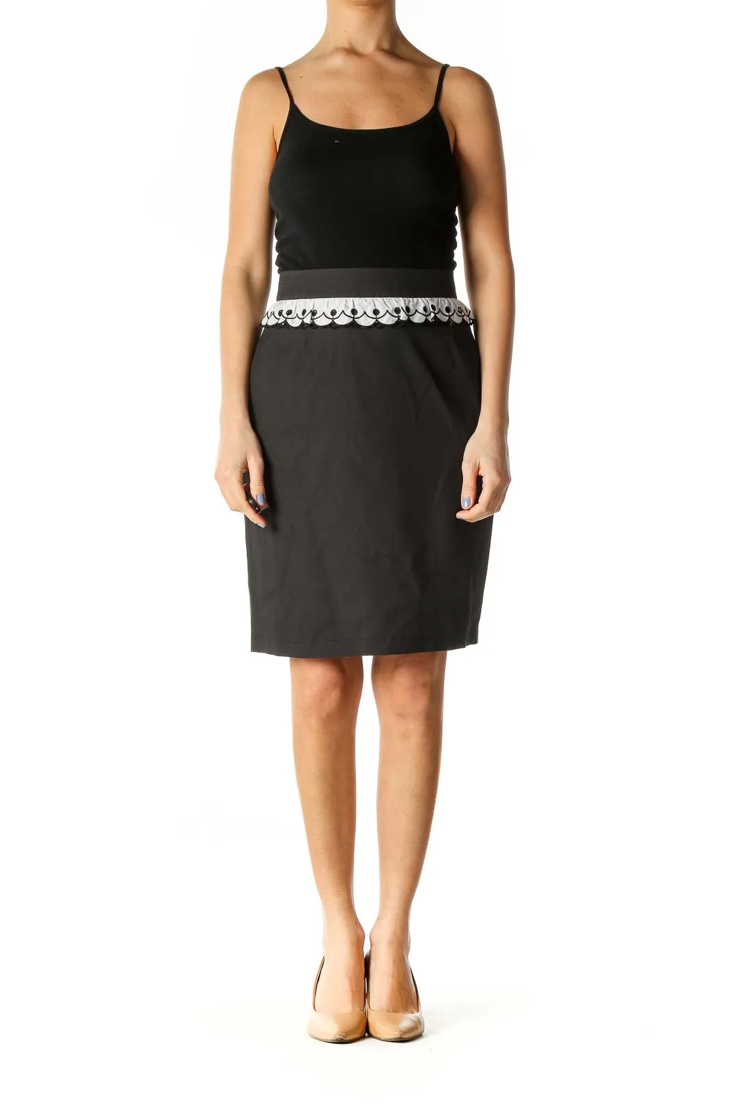 Black Ruffle Detail Silk Pencil Skirt