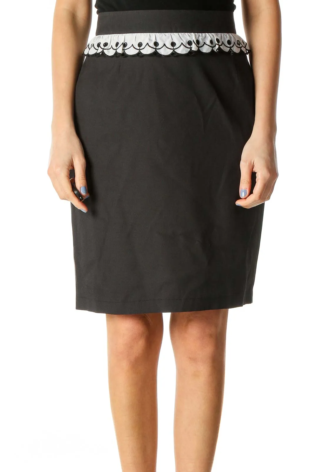 Black Ruffle Detail Silk Pencil Skirt