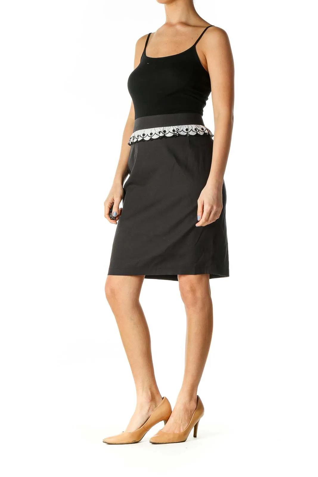 Black Ruffle Detail Silk Pencil Skirt