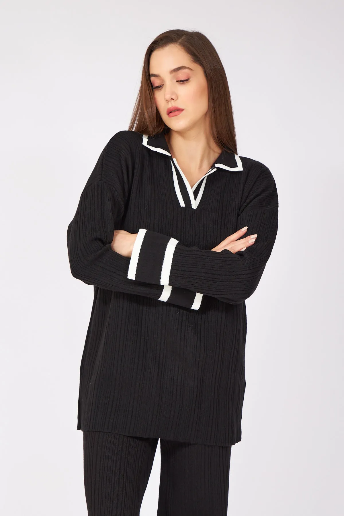 Black white Striped Polo Neck Knitwear Suit