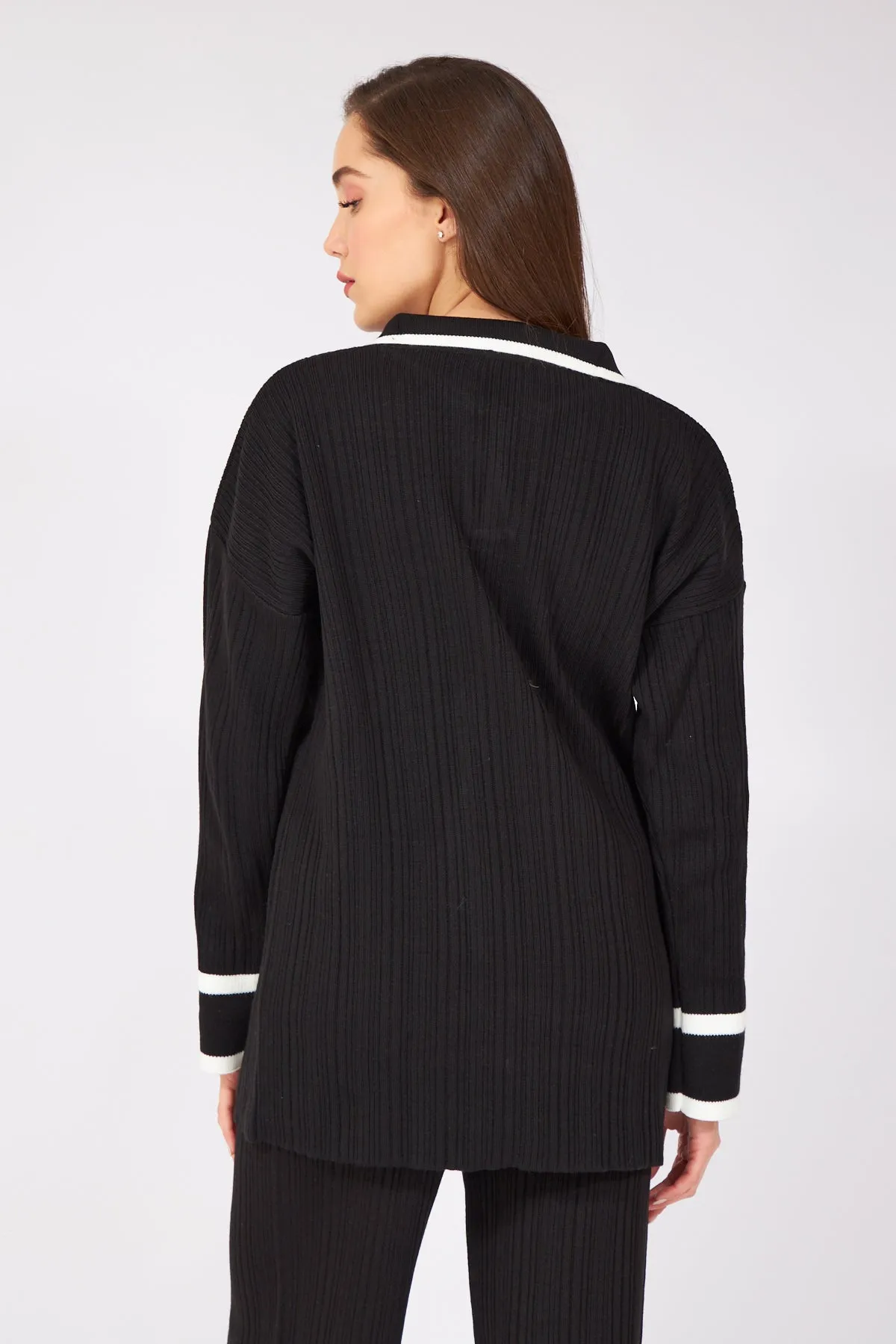 Black white Striped Polo Neck Knitwear Suit