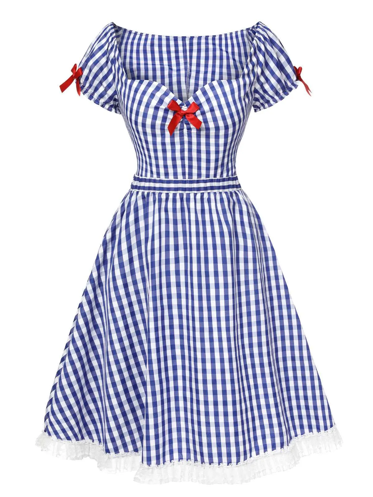 Blue & White 2PCS 1950s Plaid Top & Skirt