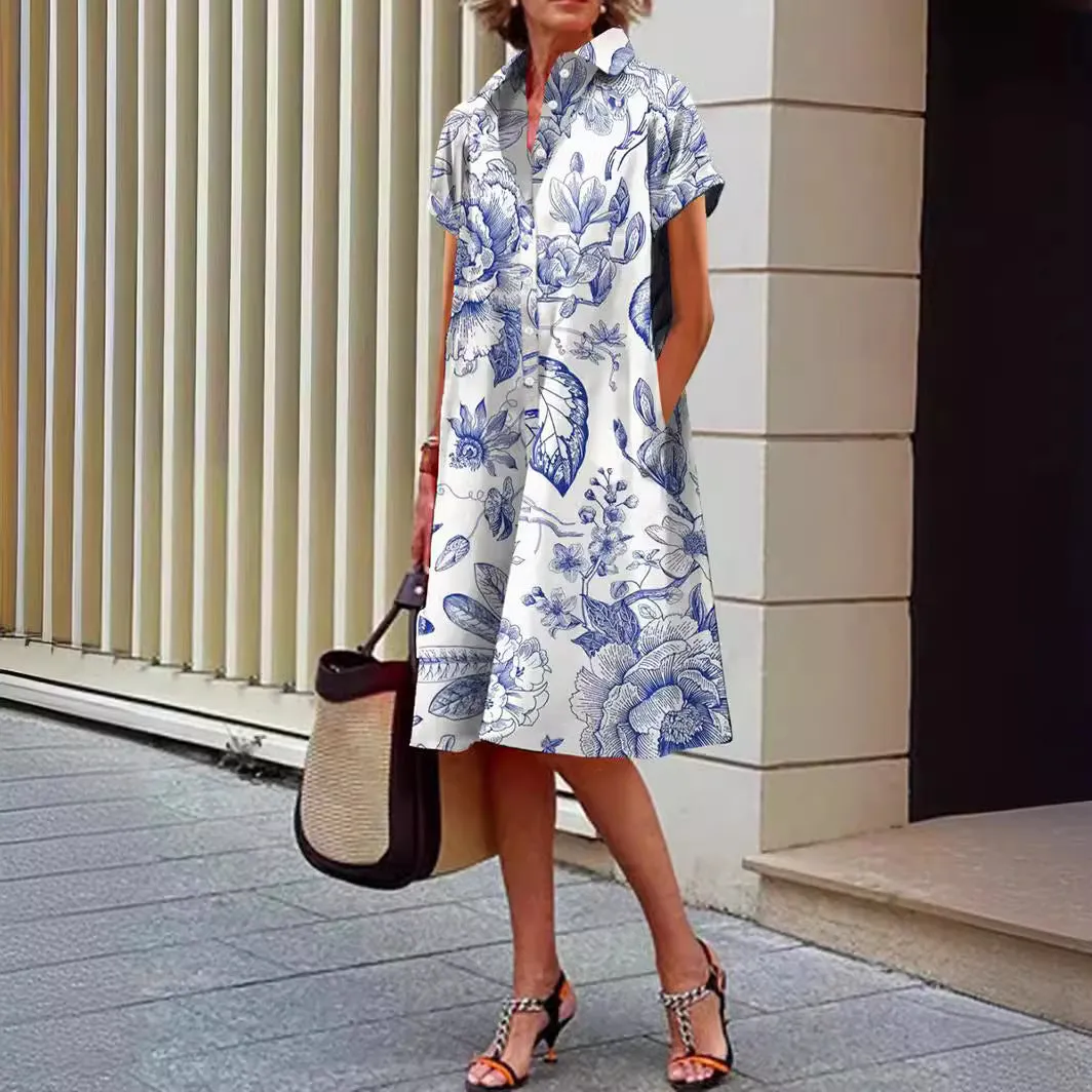 Blue and White Porcelain Print Casual Pocket Shirt Dress