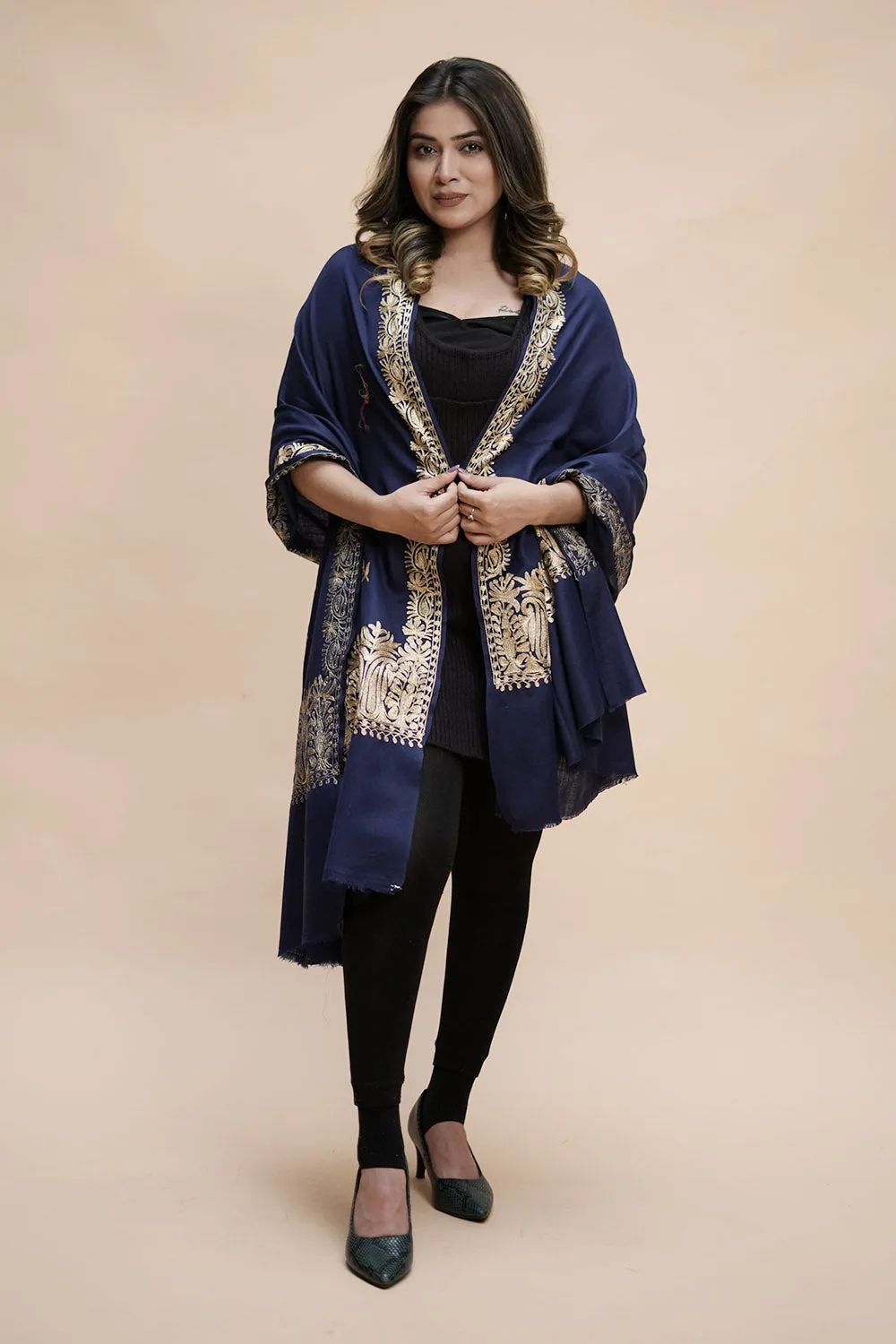 Blue  Colour Semi Pashmina Shawl Enriched With Ethnic Heavy Golden Tilla Embroidery With Running border