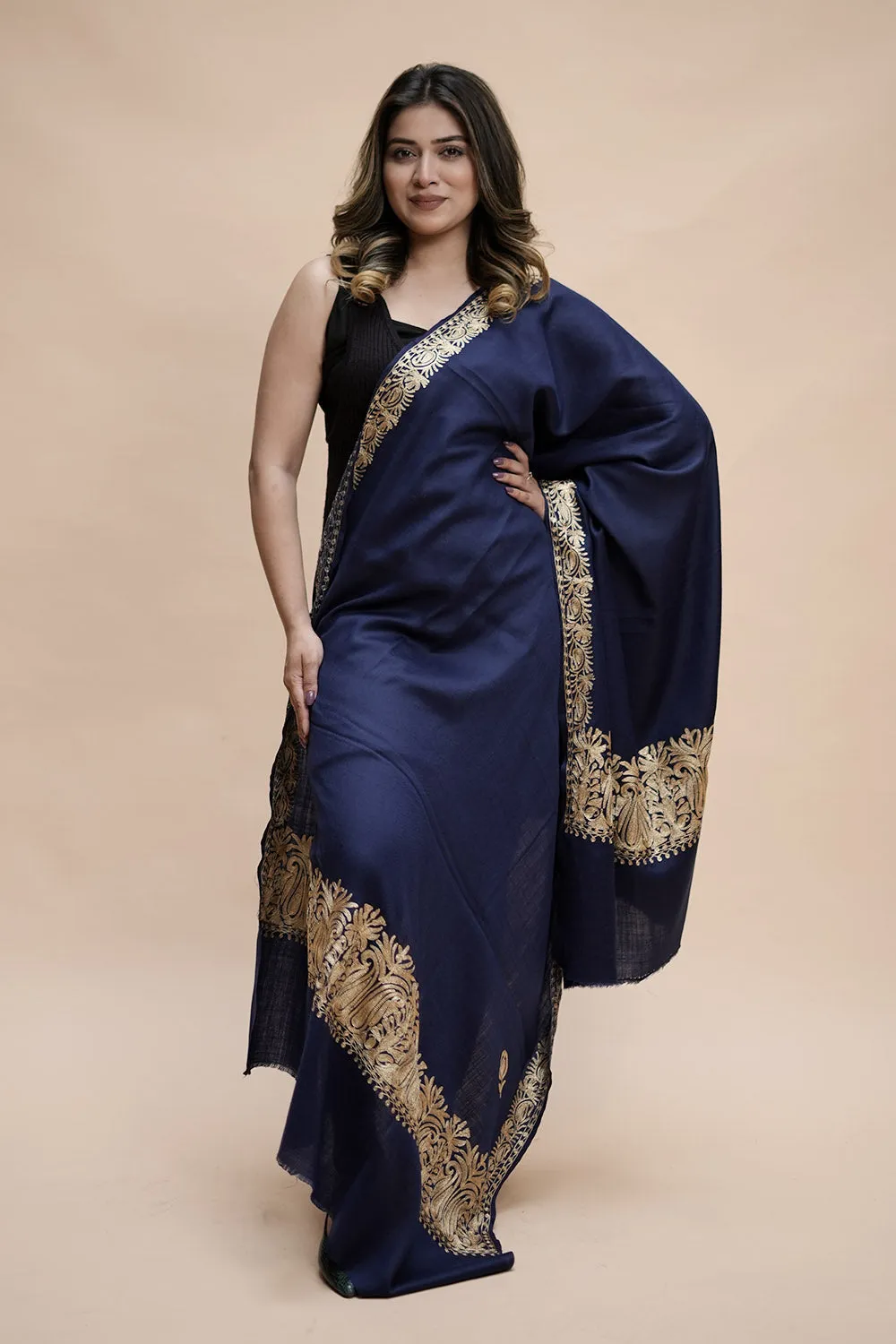 Blue  Colour Semi Pashmina Shawl Enriched With Ethnic Heavy Golden Tilla Embroidery With Running border