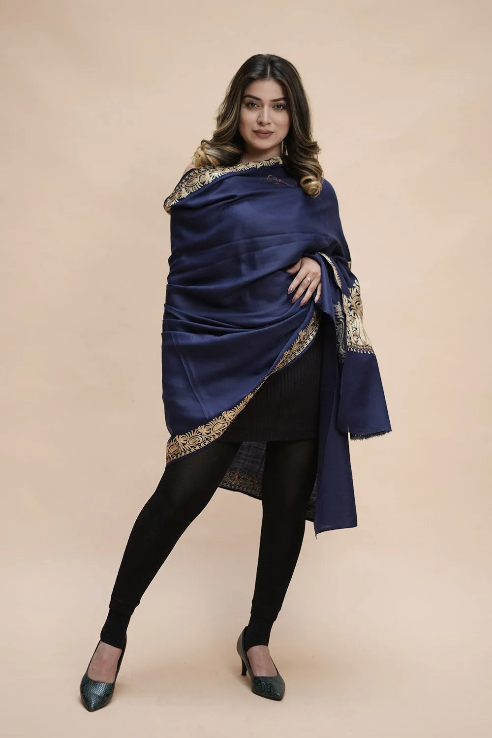 Blue  Colour Semi Pashmina Shawl Enriched With Ethnic Heavy Golden Tilla Embroidery With Running border