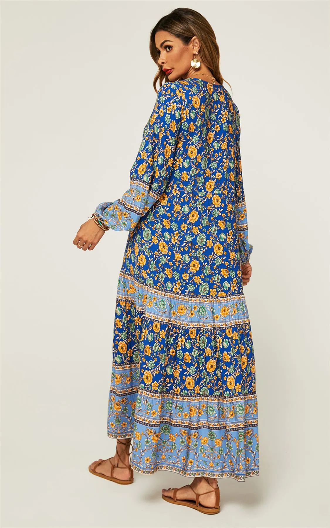 Boho Gold Floral Midi Summer Dress In Blue