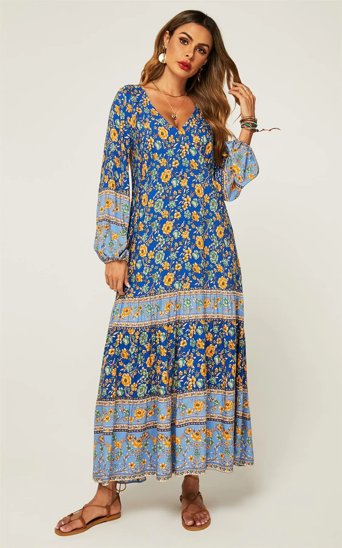 Boho Gold Floral Midi Summer Dress In Blue