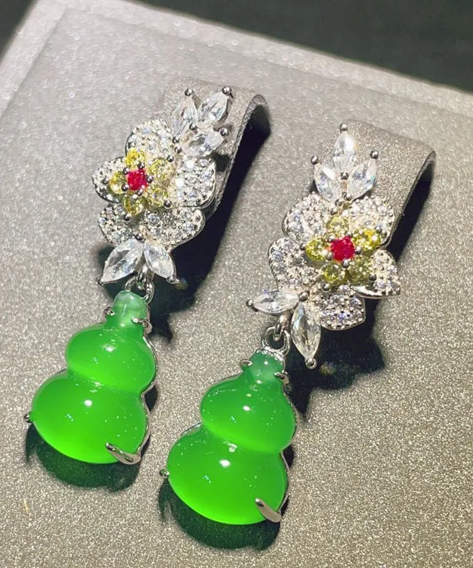 Boho Green Sterling Silver Zircon Jade Gourd Floral Drop Earrings AC1057