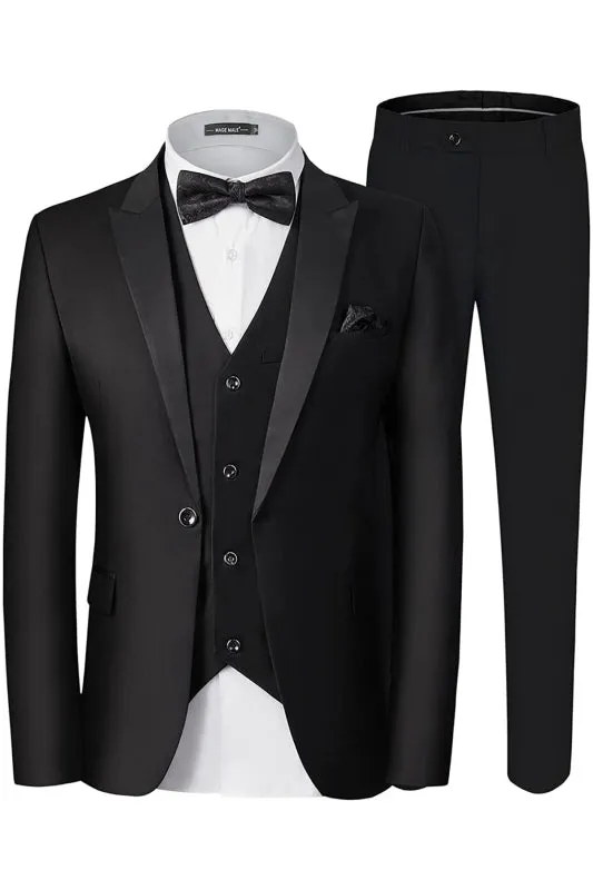 Booth Formal Black Three-Piece Peaked Lapel Men's Business Suit