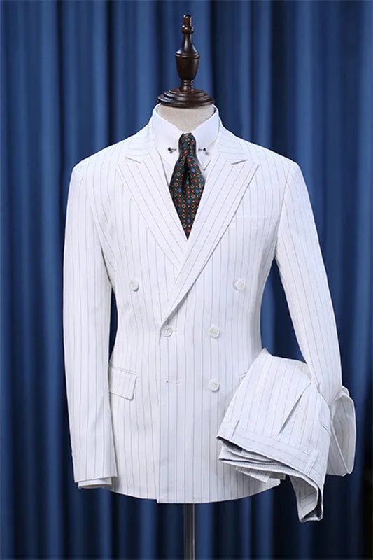 Brandon White Striped Double-Breasted Peak Lapel Men's Business Suit