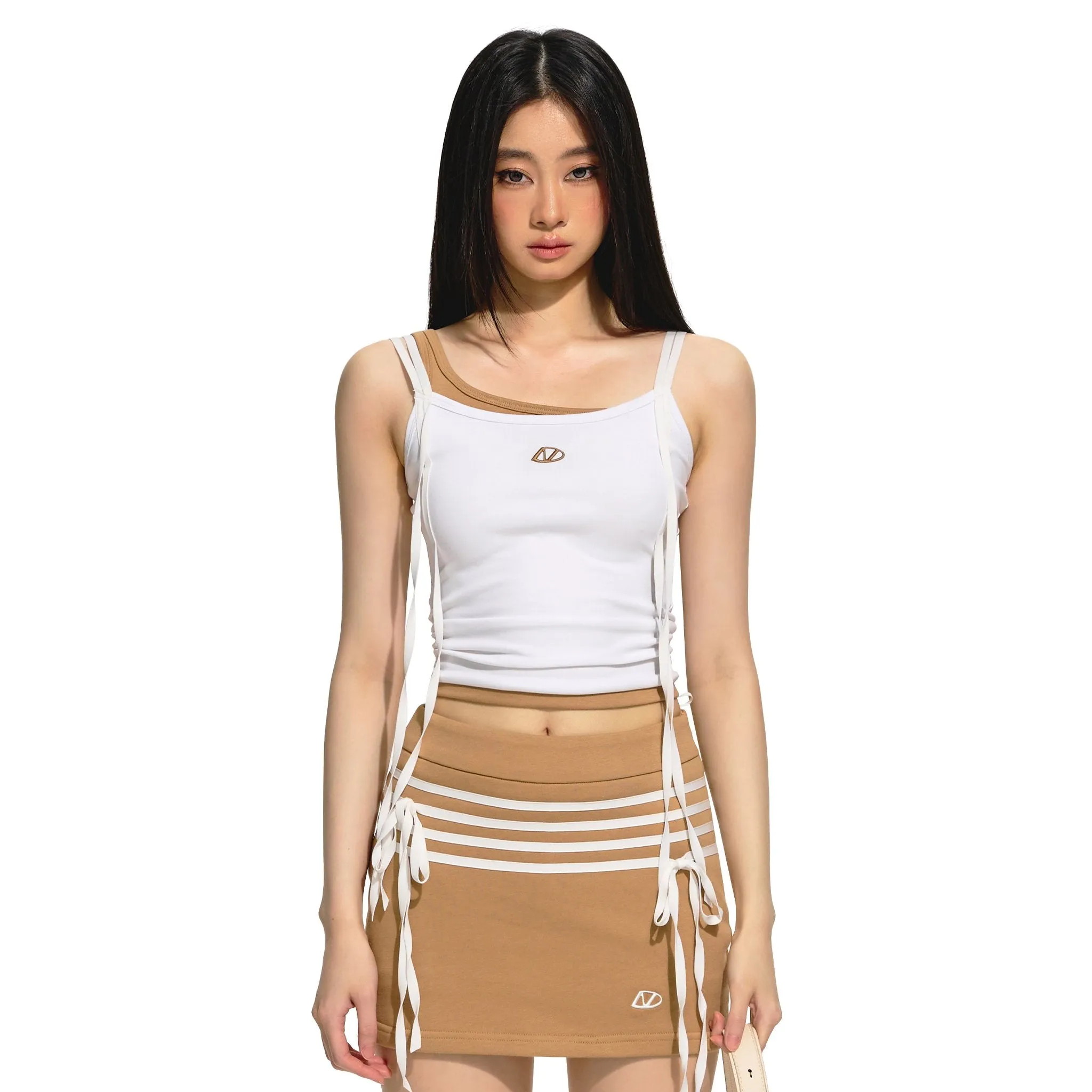 Brown and White Patchwork False Two Piece Vest Camisole