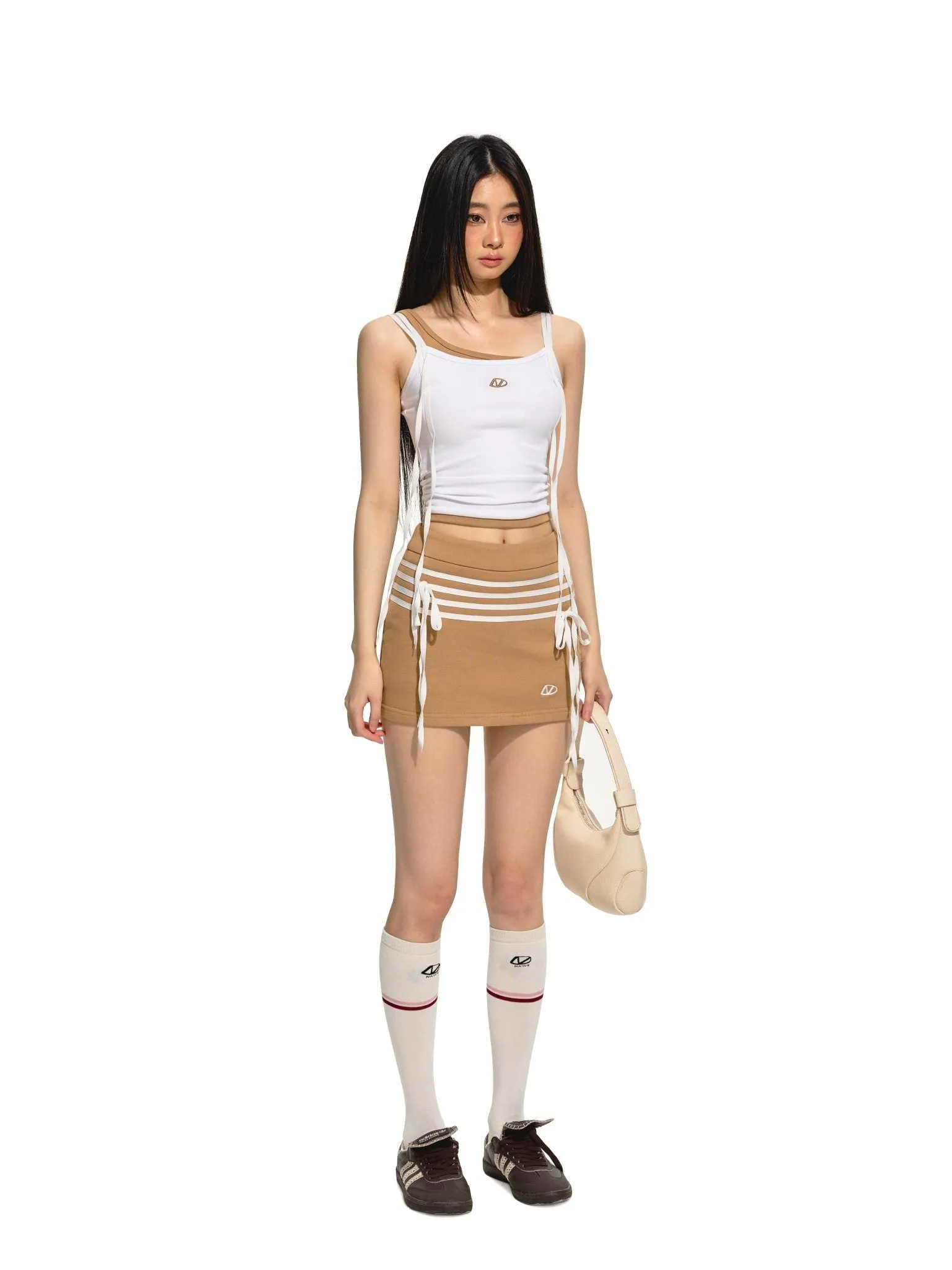 Brown and White Patchwork False Two Piece Vest Camisole