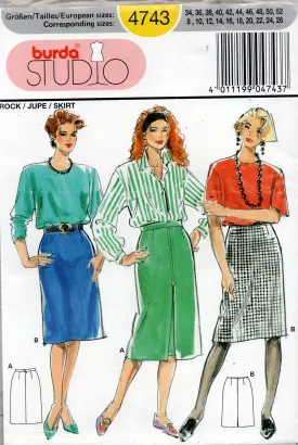 Burda Studio 4743 Womens EASY Slim Skirts 1980s Vintage Sewing Pattern Sizes 8 - 26 UNCUT Factory Folded