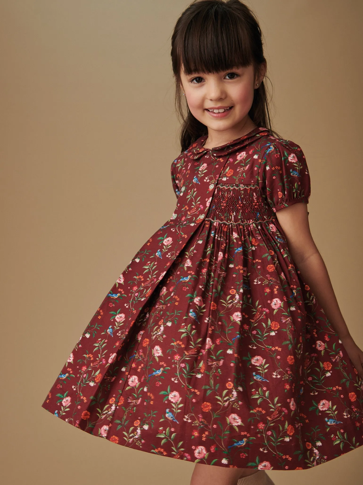 Burgundy Floral Arcadia Girl Hand-Smocked Dress