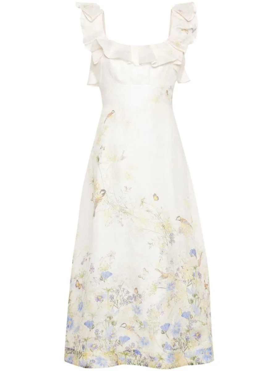 Butterfly Floral Linen & Silk Midi Dress