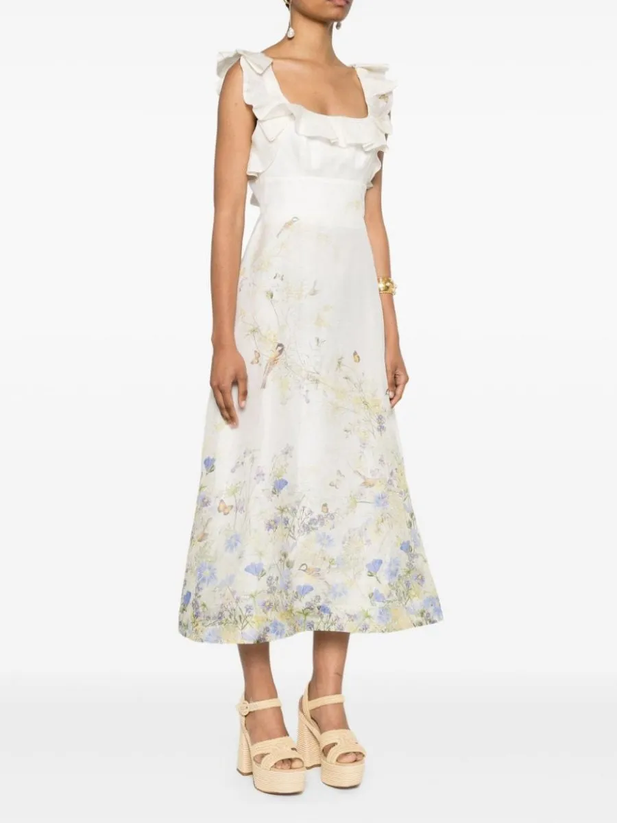 Butterfly Floral Linen & Silk Midi Dress