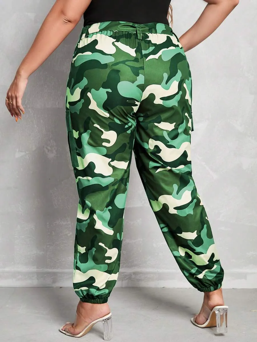 Camo Print Flap Side Pocket Cargo Pants